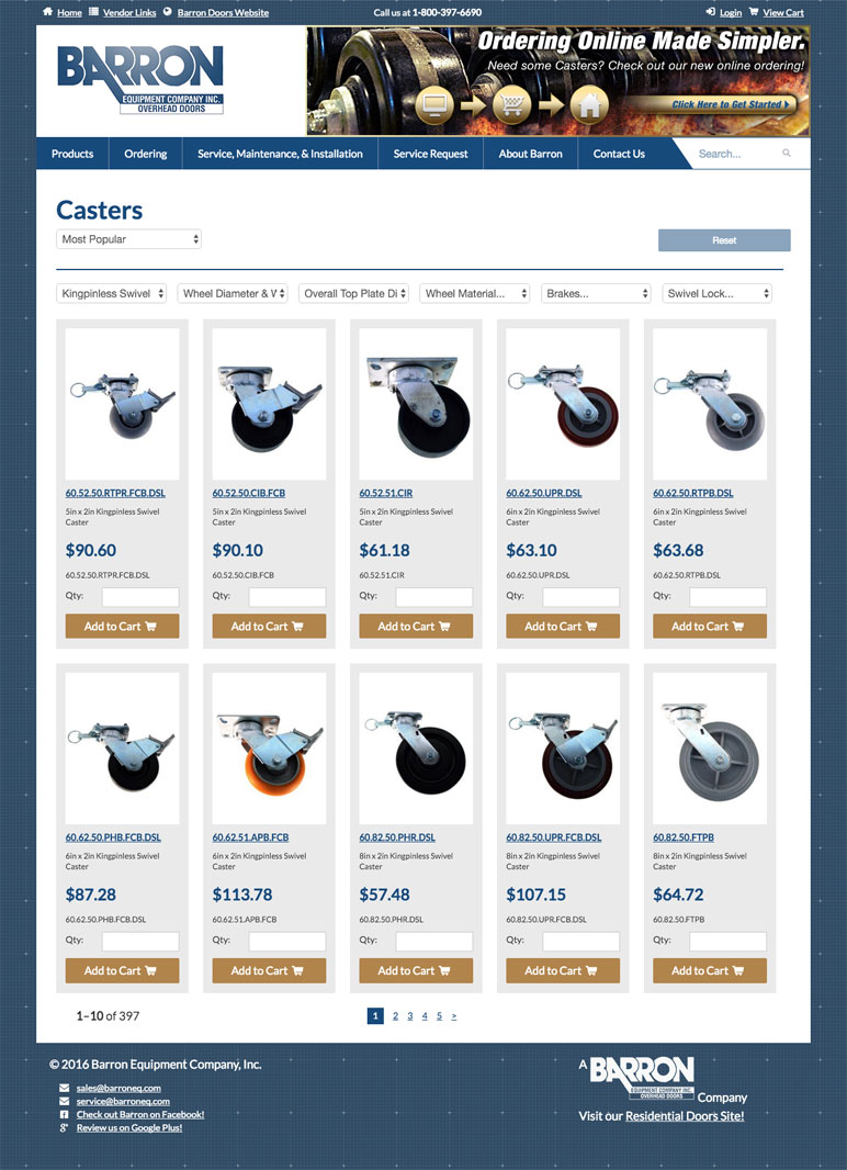 Barron Equipment website screenshot of casters filter page