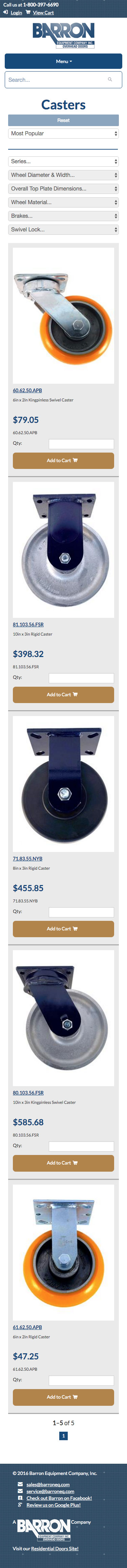 Barron Equipment website screenshot of mobile casters filter page