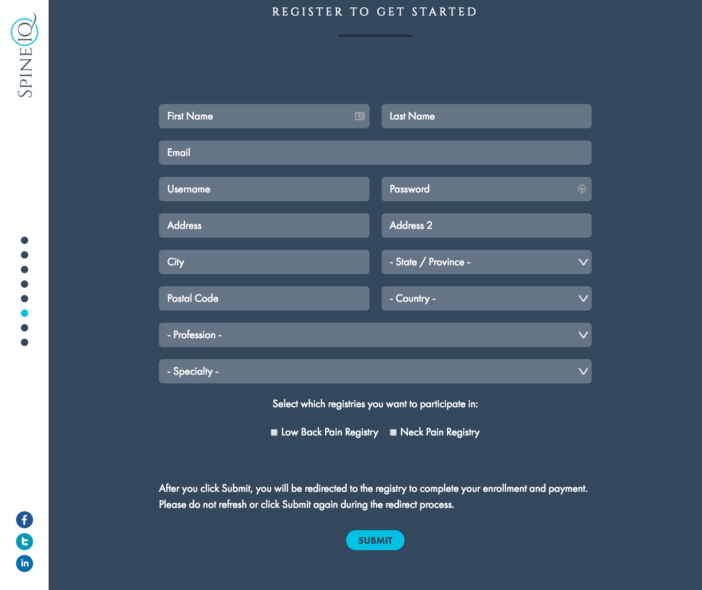 Spine IQ added registration form screenshot