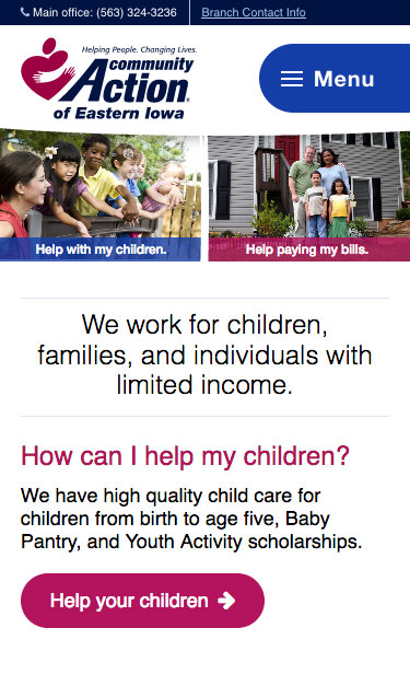 Community Action mobile home page screenshot