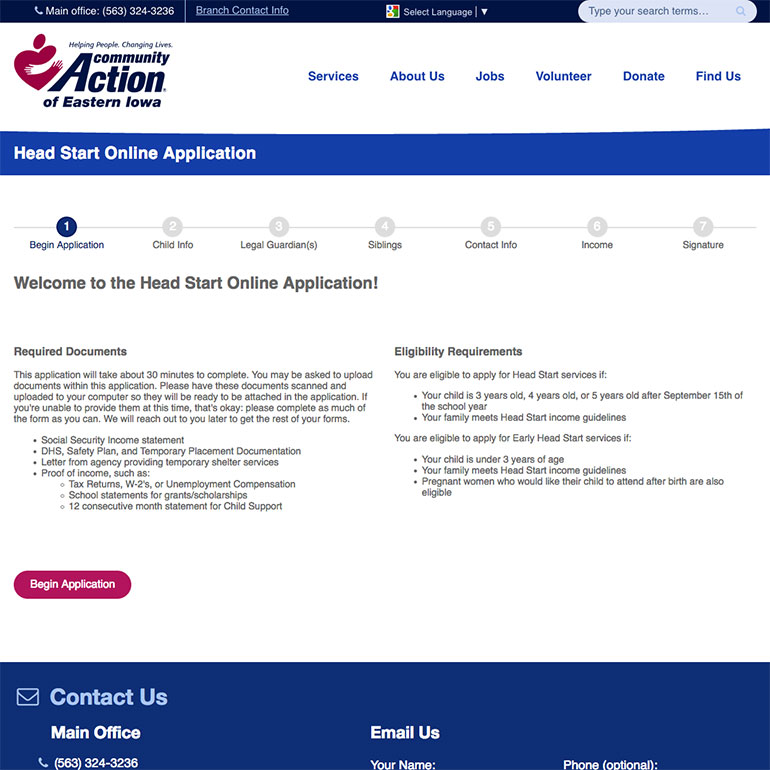 Community Action Headstart online application page screenshot