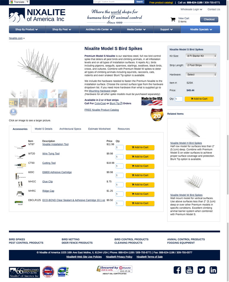 Product page screenshot of Nixalite.com's on a desktop browser
