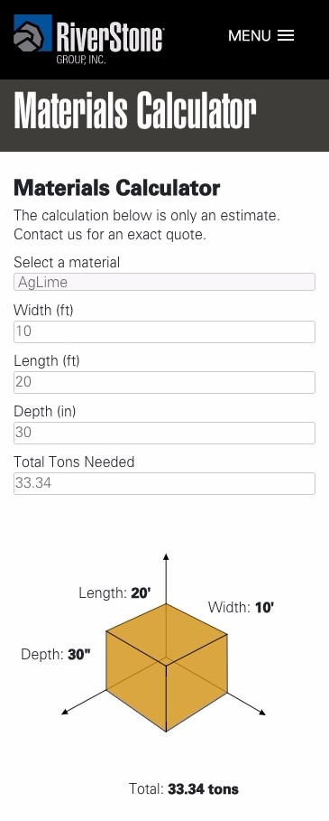 Riverstone Group mobile materials calculator screenshot