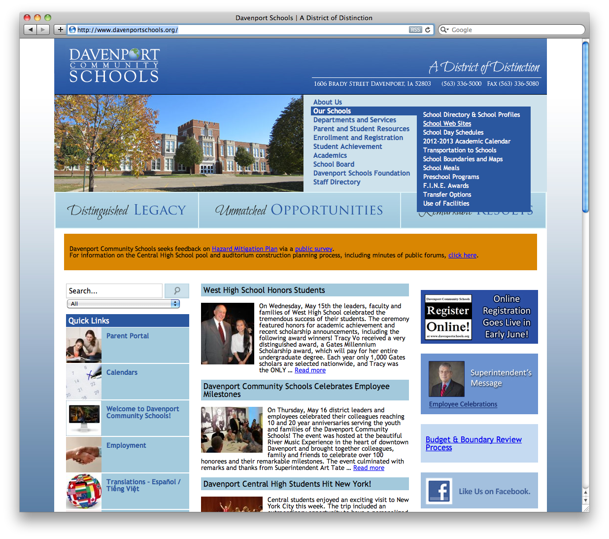 Davenport Schools Homepage with Dropdown
