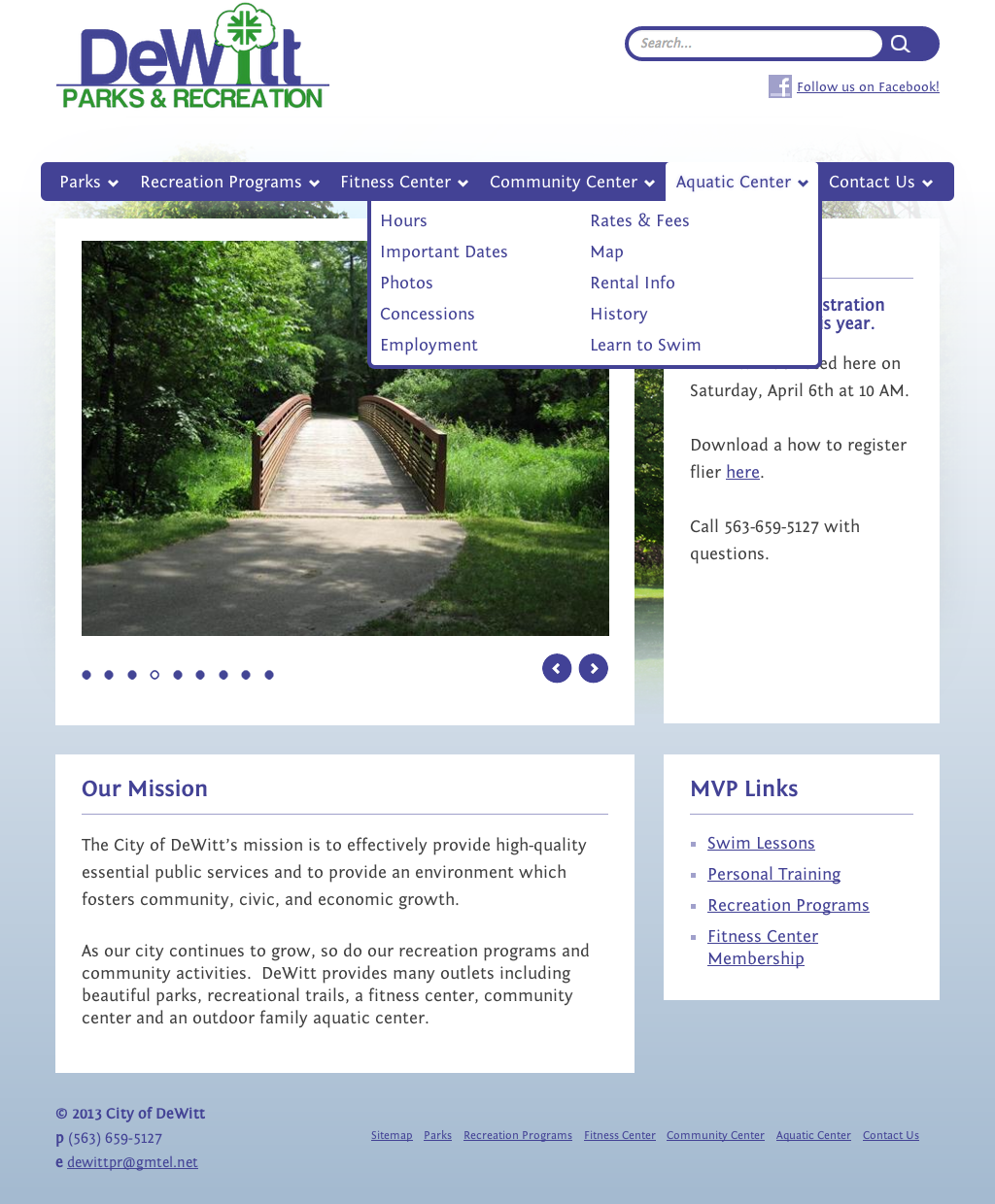 DeWitt Parks & Rec Home Page with Dropdown